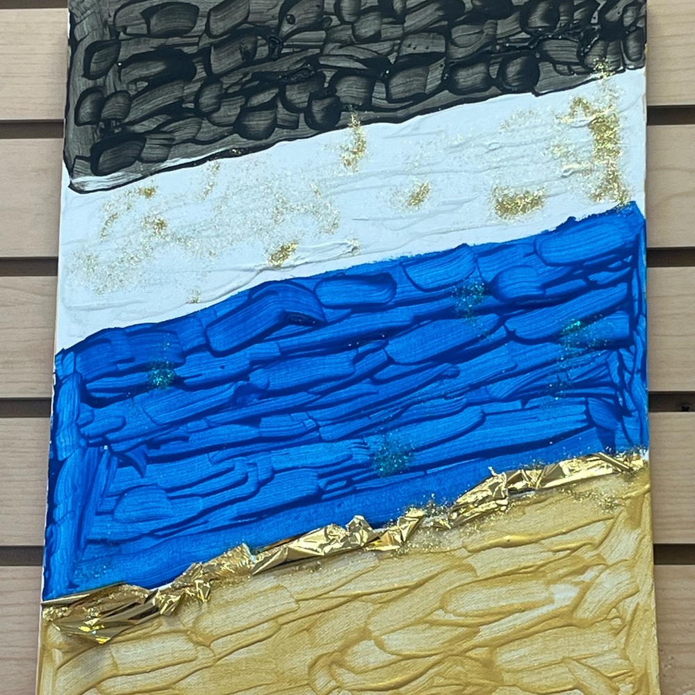 Abstract Textured Canvas Painting in Blue, Gold, Black, White zigzag life